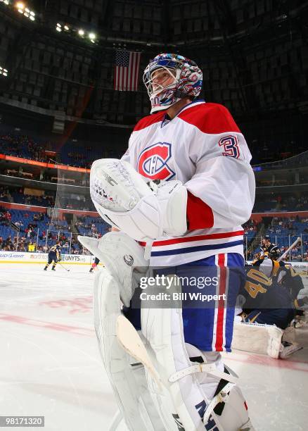 Carey Price of the Montreal Canadiens warms up to play against the Buffalo Sabres on March 24, 2010 at HSBC Arena in Buffalo, New York.