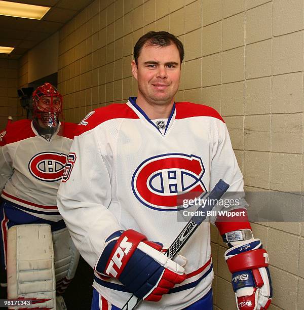 Jaroslav Spacek of the Montreal Canadiens heads to the ice to play against the Buffalo Sabres on March 24, 2010 at HSBC Arena in Buffalo, New York.