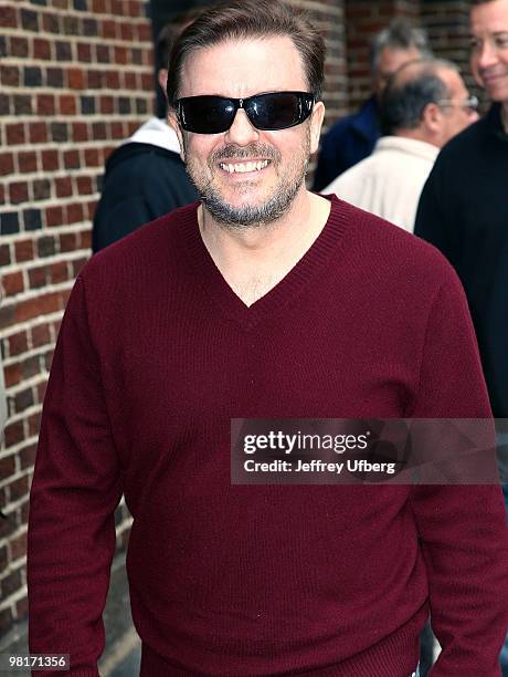 Actor/Comedian Ricky Gervais visits "Late Show With David Letterman" at the Ed Sullivan Theater on March 31, 2010 in New York City.