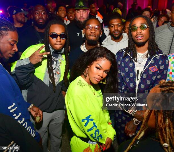 Takeoff, Offest and Quavo of Migos and Teyana Taylor attend her album release party at Universal Studios Hollywood on June 21, 2018 in Universal...