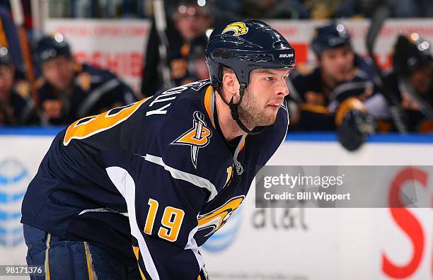 Tim Connolly of the Buffalo Sabres prepares for a faceoff against the Montreal Canadiens on March 24, 2010 at HSBC Arena in Buffalo, New York.