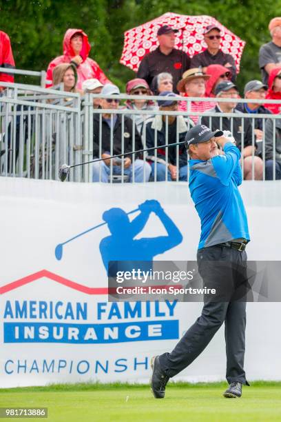 Jerry Kelly tees off on the first tee during the American Family Insurance Championship Champions Tour golf tournament on June 22, 2018 at University...