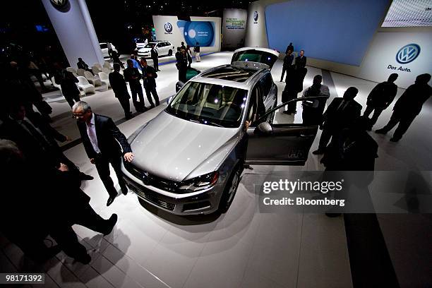 Volkswagen Touareg Hybrid sits on display during a media preview of the New York International Auto Show in New York, U.S., on Wednesday, March 31,...