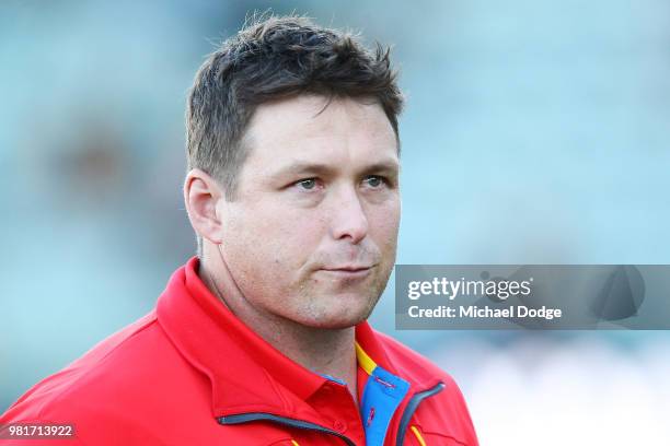 Suns head coach Stuart Dew during the round 14 AFL match between the Hawthorn Hawks and the Gold Coast Suns at University of Tasmania Stadium on June...