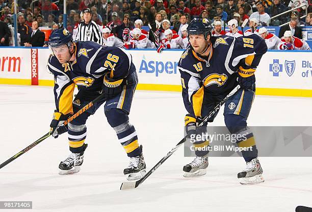 Thomas Vanek and Tim Connolly of the Buffalo Sabres prepare for a faceoff against the Montreal Canadiens on March 24, 2010 at HSBC Arena in Buffalo,...