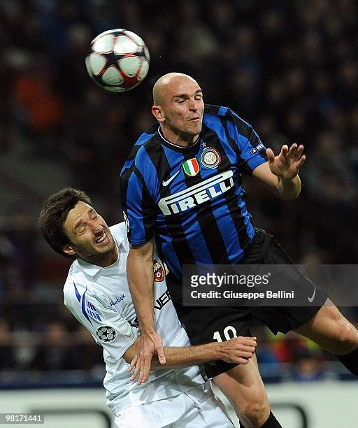 Milos Krasic of CSKA and Esteban Cambiasso of Inter Milan in action during the UEFA Champions League Quarter Finals, First Leg match between FC...