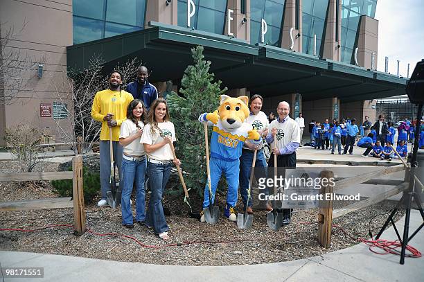 Steve Sanders from the City of Denver, Tom Tolkacz of Swingle Tree and Lawn Care, SuperMascot Rocky, members of the Denver Nuggets Dance Team, Johan...