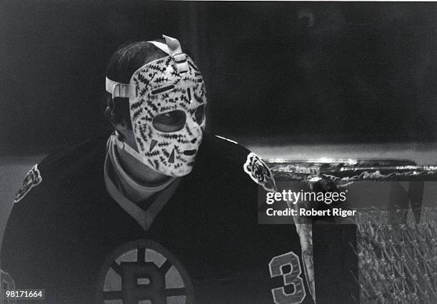 Gerry Cheevers of the Boston Bruins defends the net in a circa 1970s game.