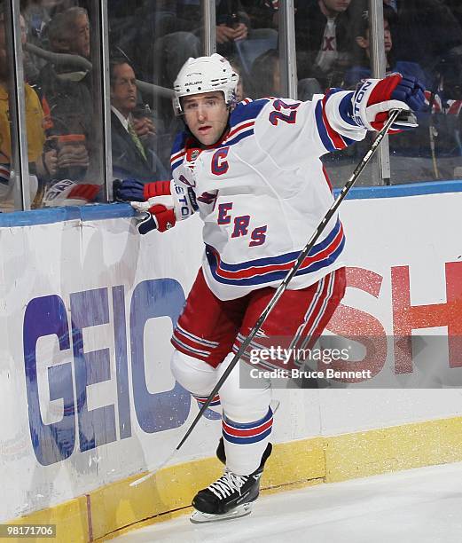 Chris Drury of the New York Rangers skates against the New York Islanders at the Nassau Coliseum on March 30, 2010 in Uniondale, New York.