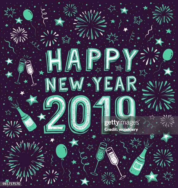 hand-drawn happy new year card with fireworks - exploding bottle stock illustrations