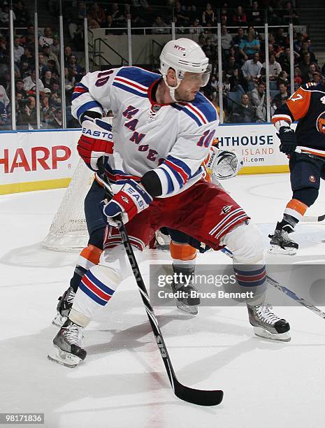 Marian Gaborik of the New York Rangers skates against the New York Islanders at the Nassau Coliseum on March 30, 2010 in Uniondale, New York.