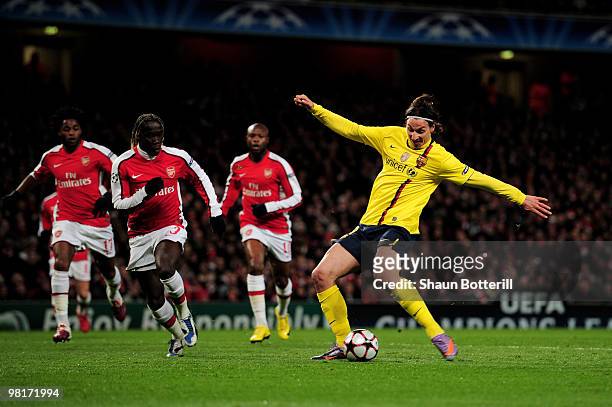 Zlatan Ibrahimovic of Barcelona takes a shot on goal during the UEFA Champions League quarter final first leg match between Arsenal and FC Barcelona...