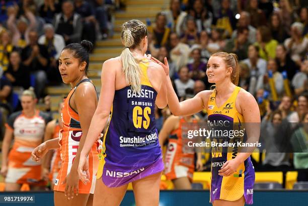 Caitlin Bassett and Stephanie Wood of the Lightning celebrate a goal that takes the final result of the game to a draw during the round eight Super...