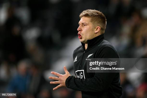 Jack Goodhue of the All Blacks warms up ahead of the International Test match between the New Zealand All Blacks and France at Forsyth Barr Stadium...