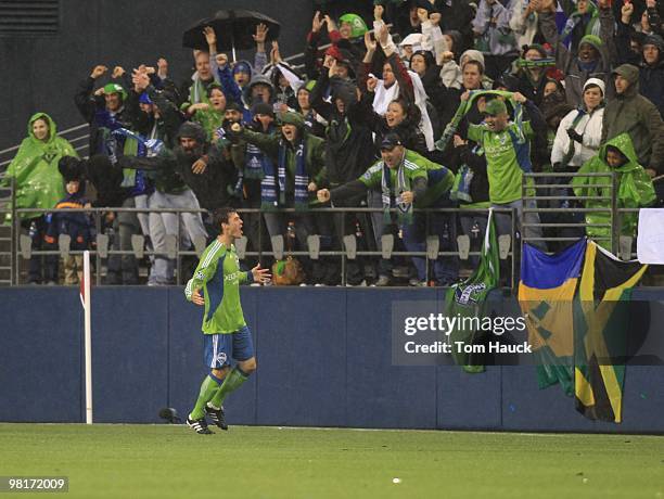 Brad Evans of the Seattle Sounders FC celebrates his goal against the Philadelphia Union at Qwest Field on March 25, 2010 in Seattle, Washington.