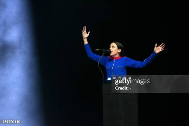 French singer Jain performs during a concert at the Solidays music festival on June 22, 2018 at the hippodrome de Longchamp in Paris.