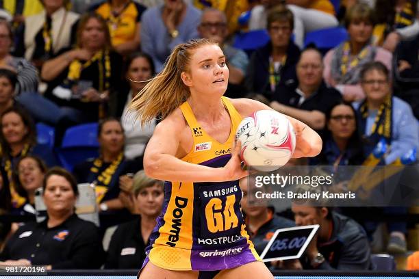 Stephanie Wood of the Lightning passes the ball during the round eight Super Netball match between the Lightning and the Giants at University of the...