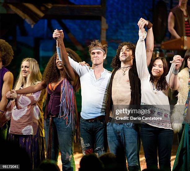 Actors Jeannette Bayardelle, Kyle Riabko, Ace Young, and Diana DeGarmo celebrate "Hair" on Broadway's one year anniversary at Al Hirschfeld Theatre...