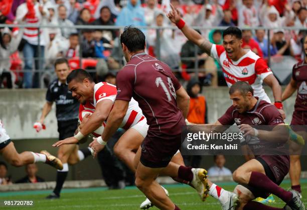 Lomano Lava Lemeki of Japan scores his side's second try during the rugby international match between Japan and Georgia at Toyota Stadium on June 23,...