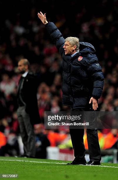 Arsene Wenger the Arsenal manager reacts during the UEFA Champions League quarter final first leg match between Arsenal and FC Barcelona at the...
