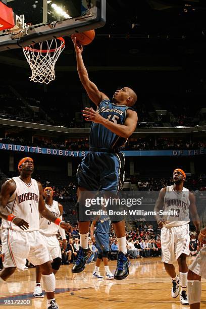 Randy Foye of the Washington Wizards lays up a shot against the Charlotte Bobcats during the game on February 9, 2010 at the Time Warner Cable Arena...