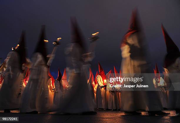 Penitents of the Cofradia del Silencio walk the streets during a Holy Week procession on March 31, 2010 in Zamora, Spain. Easter week is celebrated...