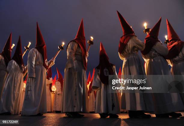 Penitents of the Cofradia del Silencio walk the streets during a Holy Week procession on March 31, 2010 in Zamora, Spain. Easter week is celebrated...