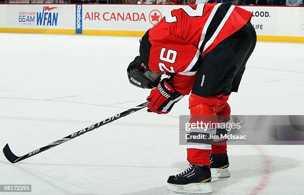 Patrik Elias of the New Jersey Devils reacts against the Boston Bruins at the Prudential Center on March 30, 2010 in Newark, New Jersey. The Bruins...