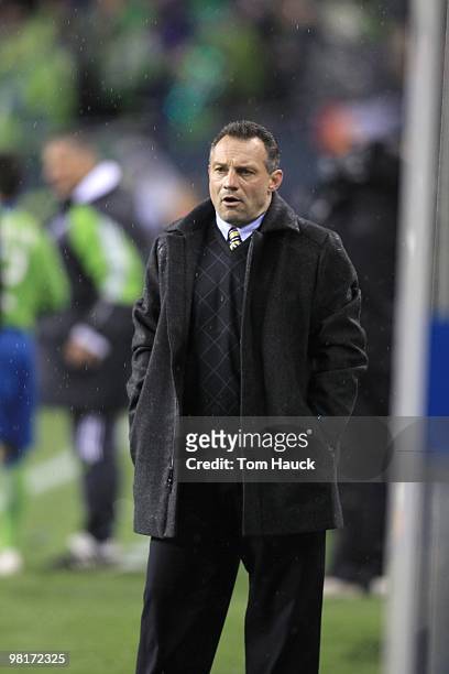 Head coach Peter Nowak of the Philadelphia Union walks on the field after the game against the Seattle Sounders FC at Qwest Field on March 25, 2010...
