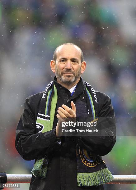 Commissioner Don Garber at the Seattle Sounders FC against the Philadelphia Union at Qwest Field on March 25, 2010 in Seattle, Washington. The...