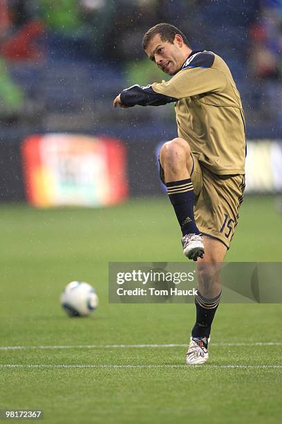 Alejandro Moreno of the Philadelphia Union warms up against the Seattle Sounders FC at Qwest Field on March 25, 2010 in Seattle, Washington. The...
