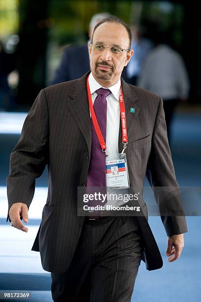 Khalid al-Falih, chief executive officer of Saudi Aramco, arrives to the opening session of the International Energy Forum meeting in Cancun, Mexico,...