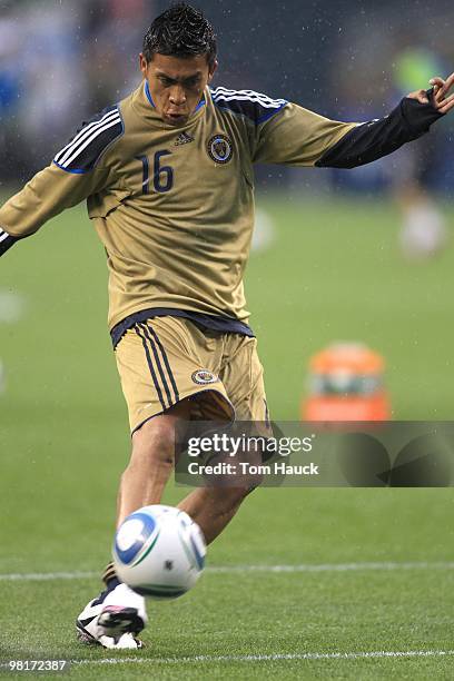 Michael Orozco of the Philadelphia Union warms up against the Seattle Sounders FC at Qwest Field on March 25, 2010 in Seattle, Washington. The...