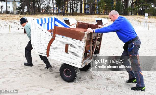April 2018, Germany, Binz: Employees of the company Baland beach chair letting transport the first beach chairs to the Baltic Sea beach for the new...