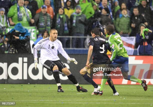 Chris Seitz of the Philadelphia Union defends his goal against the Seattle Sounders FC at Qwest Field on March 25, 2010 in Seattle, Washington. The...