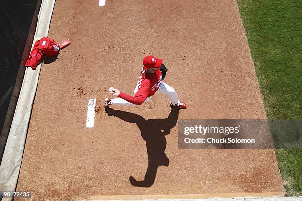 Aerial view of Philadelphia Phillies Roy Halladay in action, pitching during spring training bullpen session before game vs New York Yankees at...