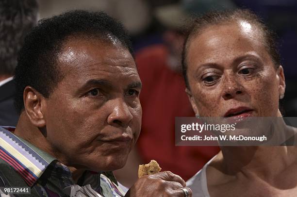 View of former heavyweight boxing champion Muhammad Ali with wife Lonnie Ali during Phoenix Suns vs Los Angeles Lakers game. Phoenix, AZ 3/12/2010...