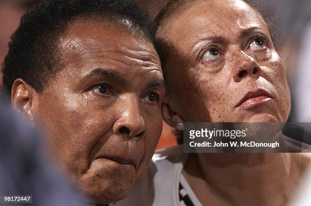 View of former heavyweight boxing champion Muhammad Ali with wife Lonnie Ali during Phoenix Suns vs Los Angeles Lakers game. Phoenix, AZ 3/12/2010...