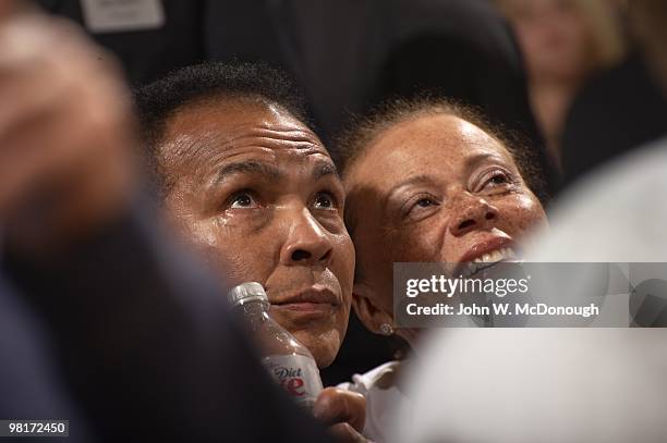 View of former heavyweight boxing champion Muhammad Ali with wife Lonnie Ali during Phoenix Suns vs Los Angeles Lakers game. Phoenix, AZ 3/12/2010...