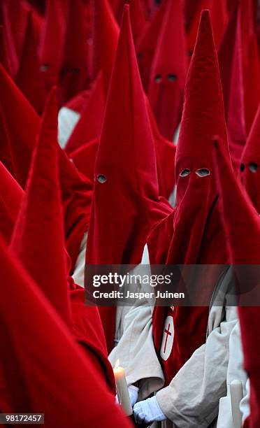 Penitents of the Cofradia del Silencio walk the street during a Holy Week procession on March 31, 2010 in Zamora, Spain. Easter week is celebrated...