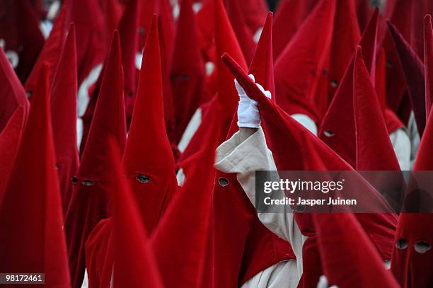 Penitents of the Cofradia del Silencio walk the street during a Holy Week procession on March 31, 2010 in Zamora, Spain. Easter week is celebrated...