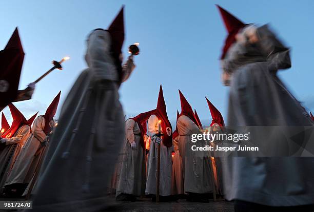 Penitents of the Cofradia del Silencio walk the streets during a Holy Week procession on March 31, 2010 in Zamora, Spain. Easter week is celebrated...