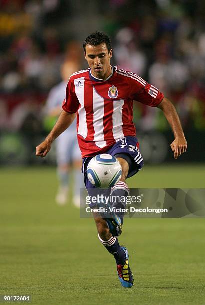 Jonathan Bornstein of Chivas USA plays the ball in the defensive half of the field in the first half during their MLS match against the Colorado...