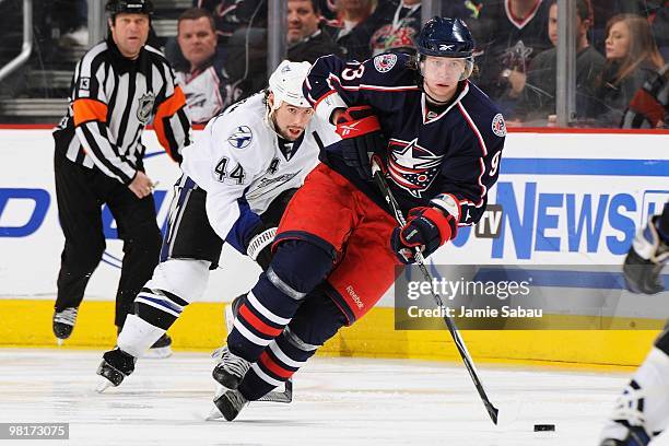 Forward Jakub Voracek of the Columbus Blue Jackets skates with the puck against the Tampa Bay Lightening on March 30, 2010 at Nationwide Arena in...