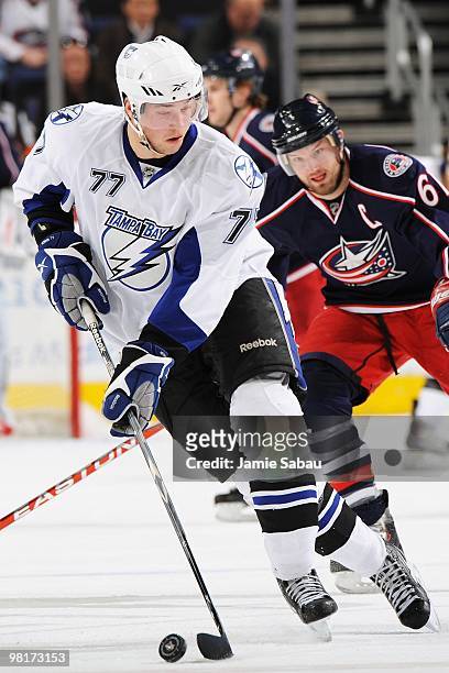 Defenseman Victor Hedman of the Tampa Bay Lightening skates with the puck against the Columbus Blue Jackets on March 30, 2010 at Nationwide Arena in...