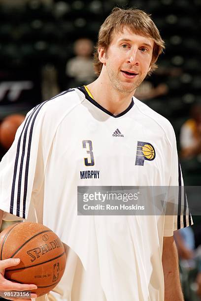 Troy Murphy of the Indiana Pacers smiles on the court before the game against the Washington Wizards on March 24, 2010 at Conseco Fieldhouse in...