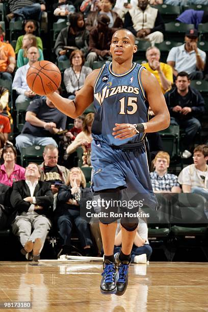Randy Foye of the Washington Wizards brings the ball upcourt against the Indiana Pacers during the game on March 24, 2010 at Conseco Fieldhouse in...