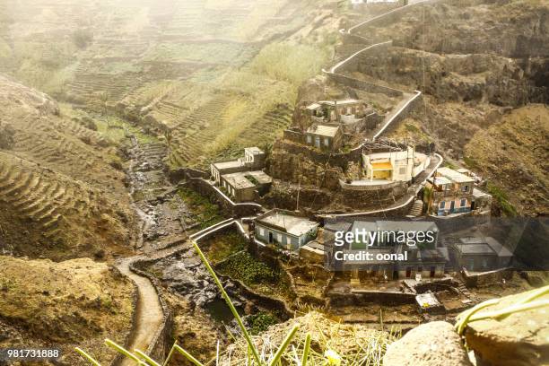 terraced valley landscape scenery with traditional village houses - cape verde stock pictures, royalty-free photos & images