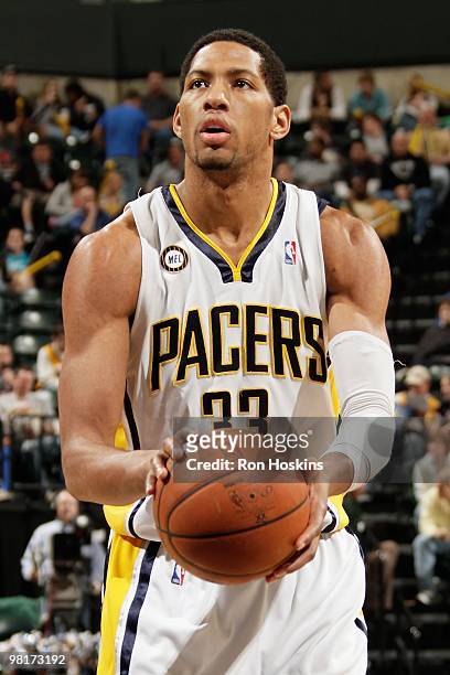 Danny Granger of the Indiana Pacers shoots a free throw against the Washington Wizards during the game on March 24, 2010 at Conseco Fieldhouse in...