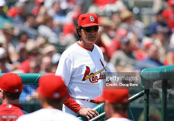 Manager Tony La Russa of the St Louis Cardinals watches his team take on the Washington Nationals at Roger Dean Stadium on March 31, 2010 in Jupiter,...